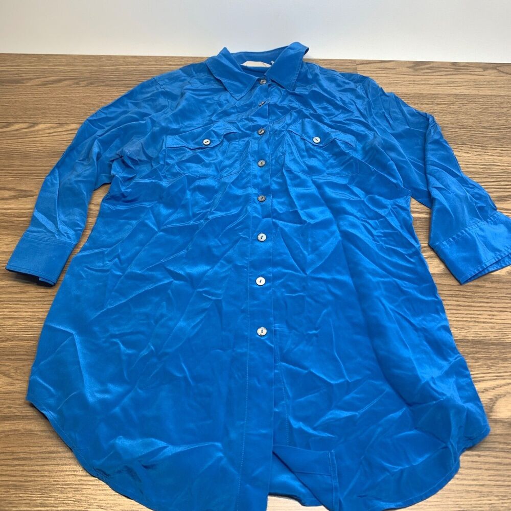 Soft Surroundings Top Womens M Blue Silk Tab Collar Tunic Flowy Elegant Blouse